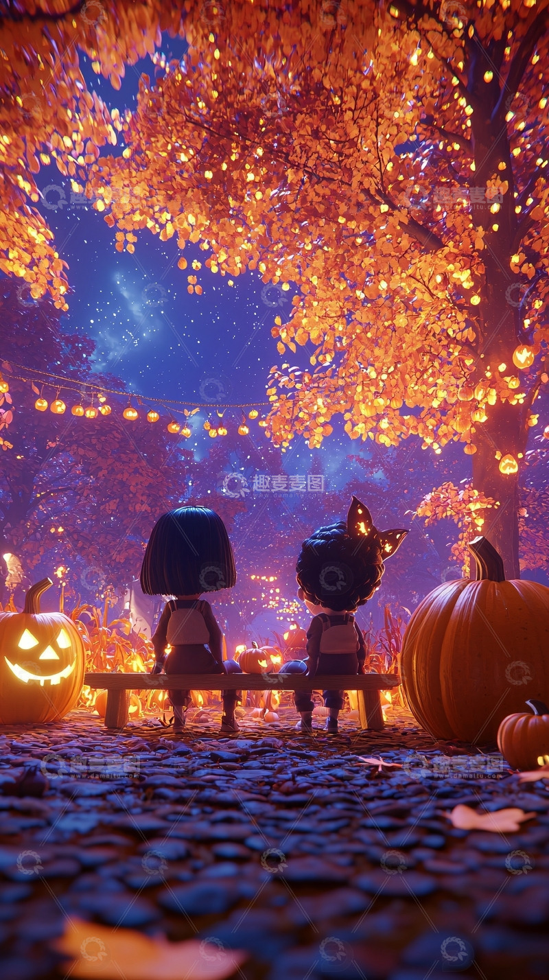 高清大图下载【趣麦麦图】万圣节南瓜灯下的孩子们