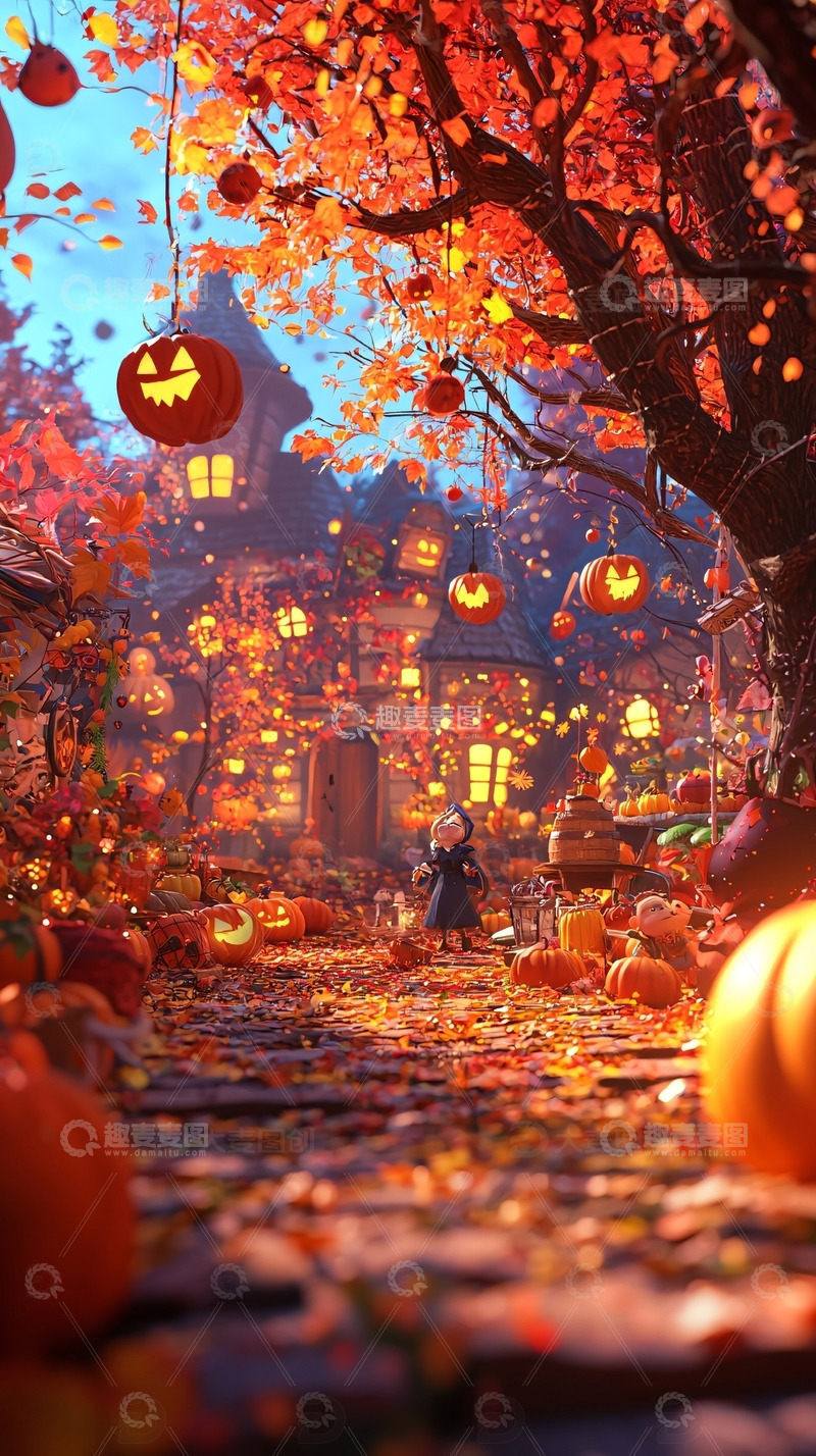 高清大图下载【趣麦麦图】秋日南瓜灯街道