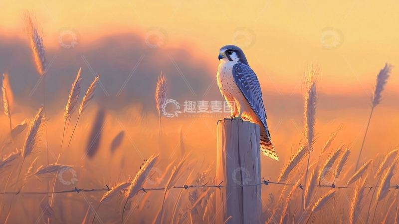 高清大图下载【趣麦麦图】黄昏草原上的隼