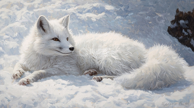 高清大图下载【趣麦麦图】雪地里休息的白狐