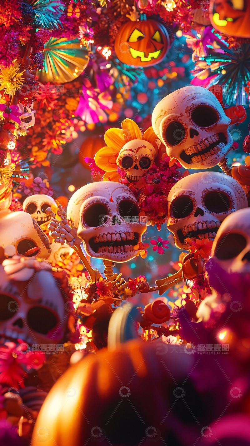高清大图下载【趣麦麦图】彩色骷髅头万圣节南瓜