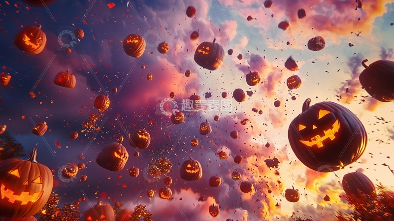 高清大图下载【趣麦麦图】天空飞舞的万圣节南瓜灯