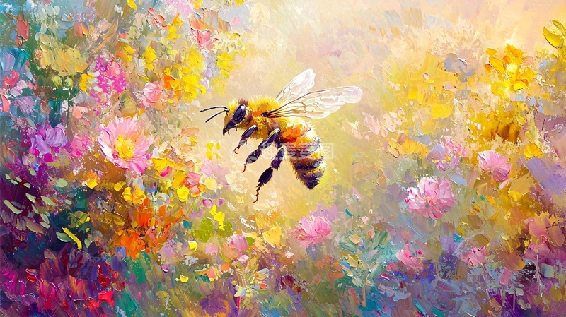 高清大图下载【趣麦麦图】蜜蜂飞过鲜花油画