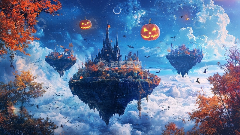 高清大图下载【趣麦麦图】悬浮岛屿万圣节城堡