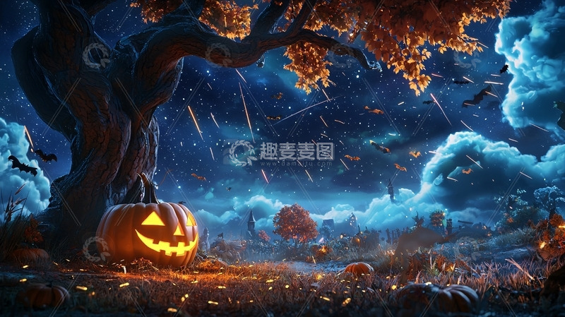 高清大图下载【趣麦麦图】万圣节南瓜灯下的树林