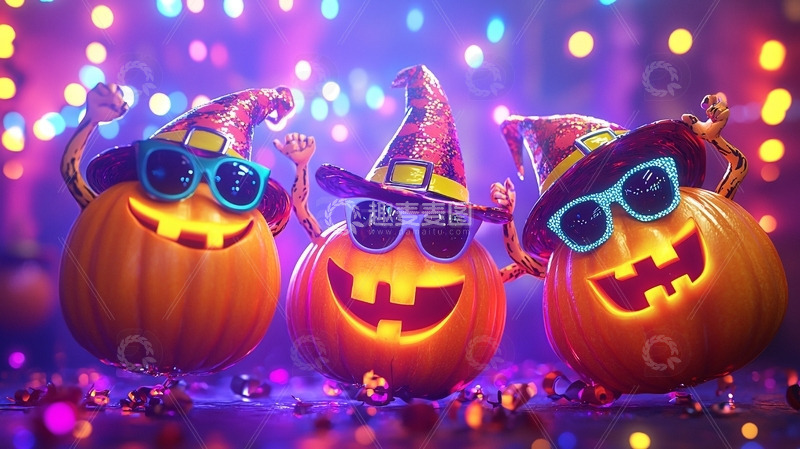 高清大图下载【趣麦麦图】戴墨镜南瓜灯万圣节派对