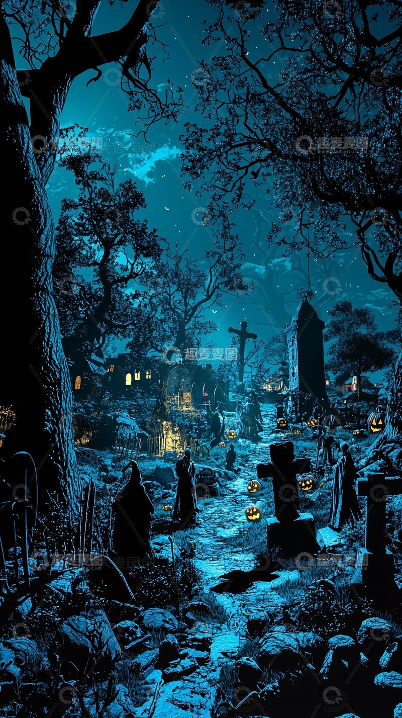 高清大图下载【趣麦麦图】蓝色万圣节墓地