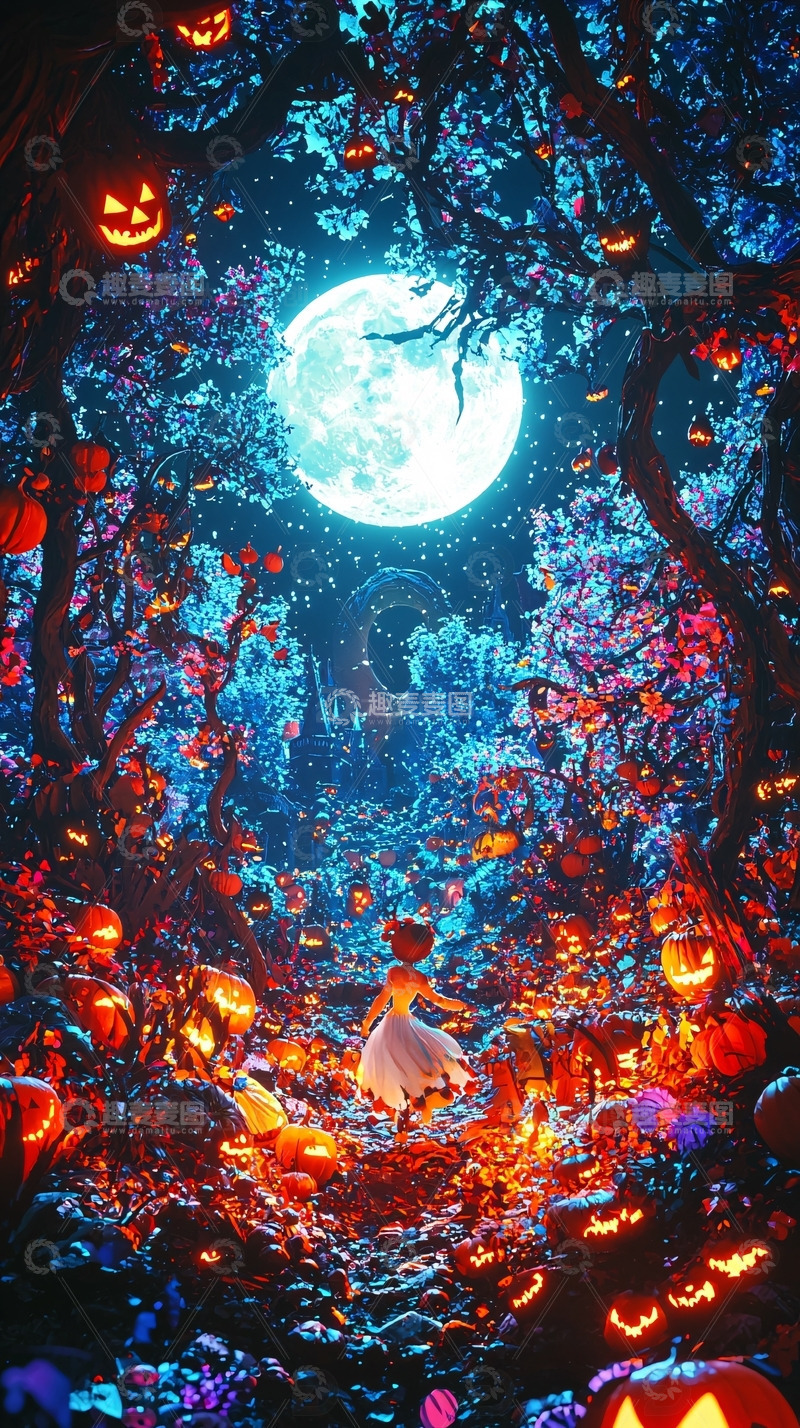 高清大图下载【趣麦麦图】万圣节南瓜灯森林女孩