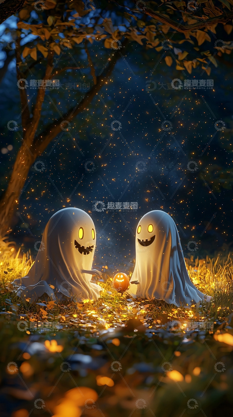 高清大图下载【趣麦麦图】夜晚森林鬼魂南瓜灯