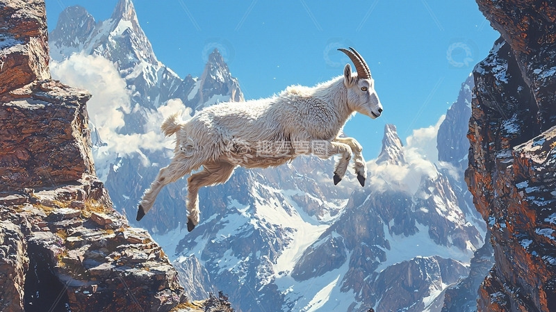 高清大图下载【趣麦麦图】山羊跳跃雪山