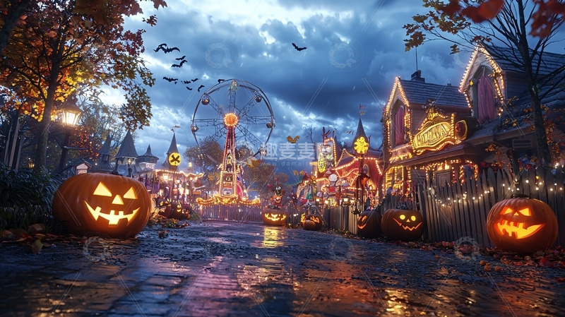高清大图下载【趣麦麦图】万圣节主题小镇夜景