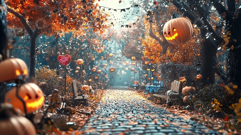 高清大图下载【趣麦麦图】秋日南瓜灯小路