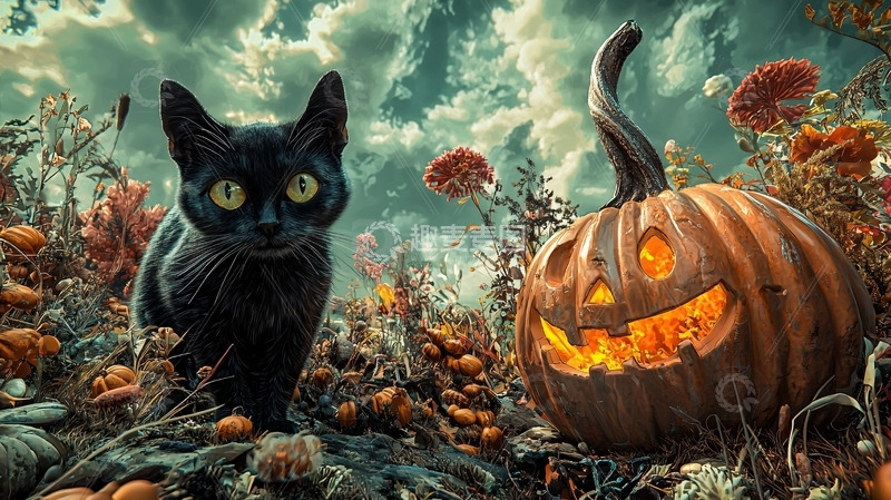 高清大图下载【趣麦麦图】黑猫南瓜万圣节