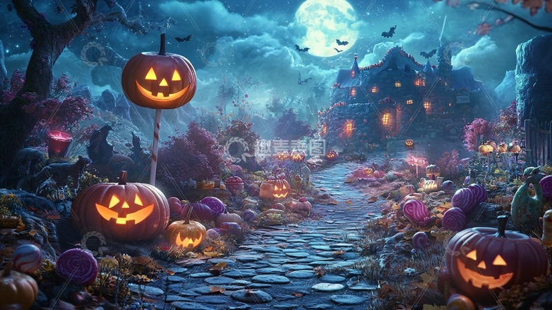高清大图下载【趣麦麦图】万圣节南瓜灯城堡夜景