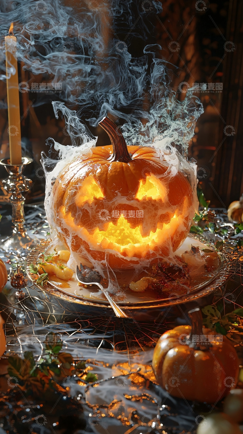 高清大图下载【趣麦麦图】烟雾缭绕的万圣节南瓜灯