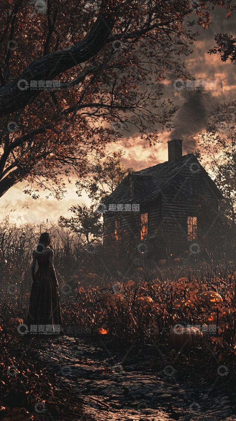 高清大图下载【趣麦麦图】深秋黄昏古宅女背影