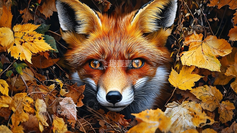 高清大图下载【趣麦麦图】秋叶中红狐的脸庞