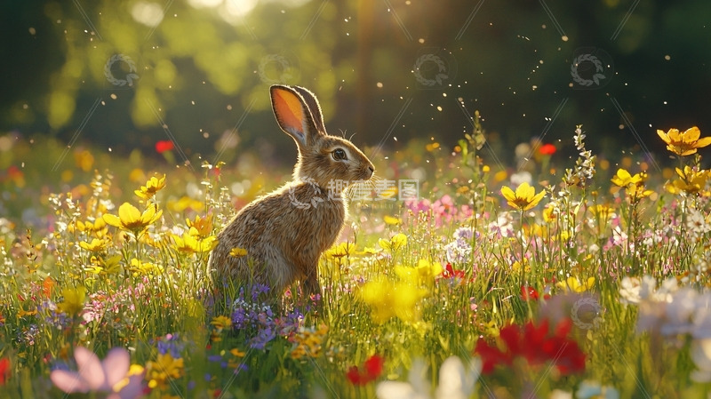 高清大图下载【趣麦麦图】阳光下花田里的兔子