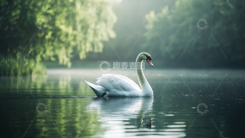 高清大图下载【趣麦麦图】清晨湖面优雅天鹅