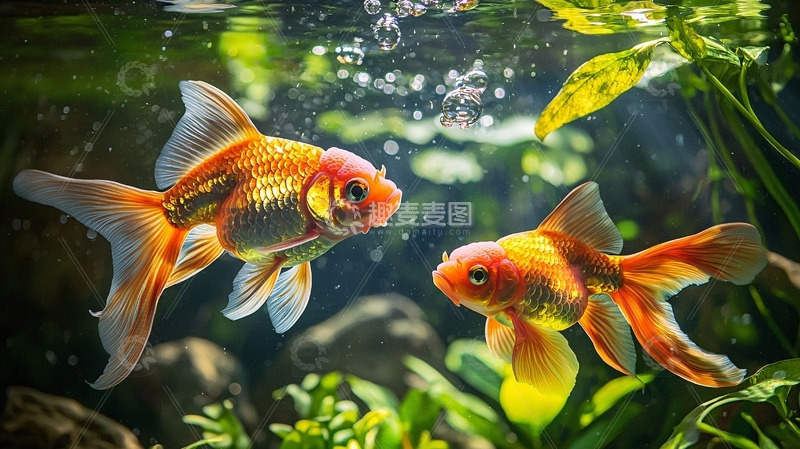 高清大图下载【趣麦麦图】水族箱里两只金鱼