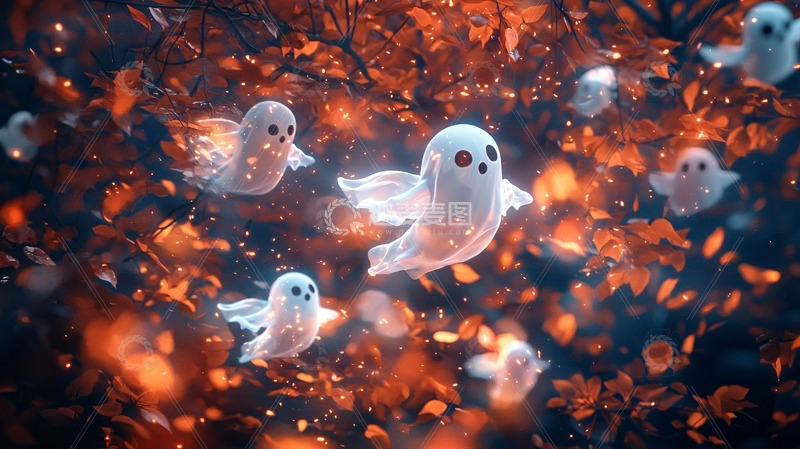 高清大图下载【趣麦麦图】秋天树林里的可爱小幽灵
