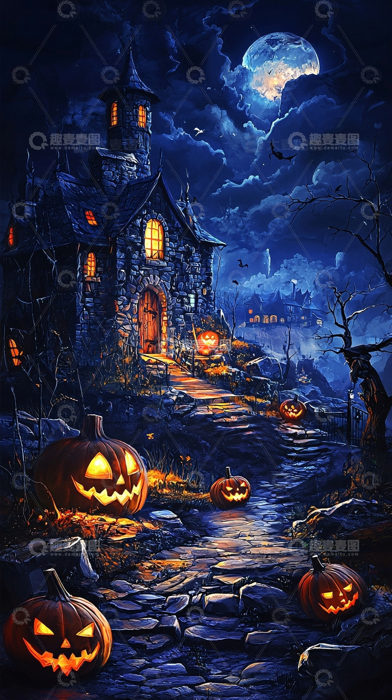 高清大图下载【趣麦麦图】万圣节夜晚古堡南瓜灯