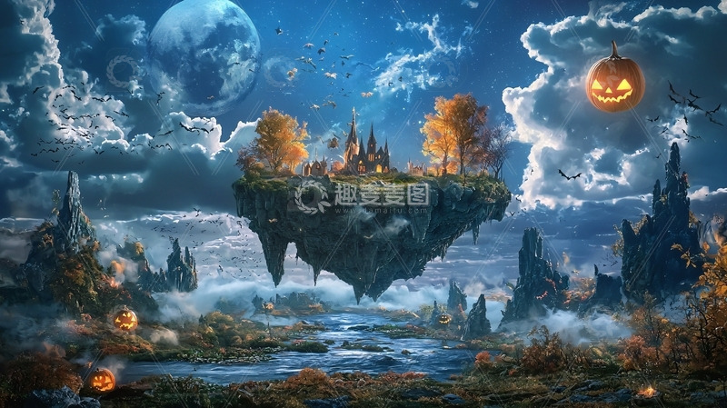 高清大图下载【趣麦麦图】悬浮岛屿万圣节城堡