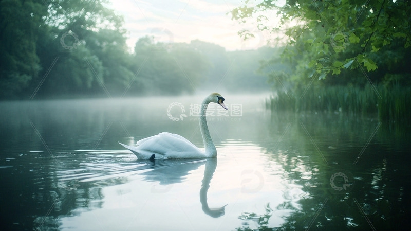 高清大图下载【趣麦麦图】清晨薄雾中优雅的白天鹅
