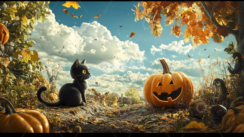 高清大图下载【趣麦麦图】黑猫南瓜秋日风景