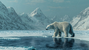 北极熊在冰雪覆盖的山脉前