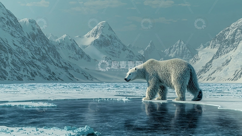 高清大图下载【趣麦麦图】北极熊在冰雪覆盖的山脉前