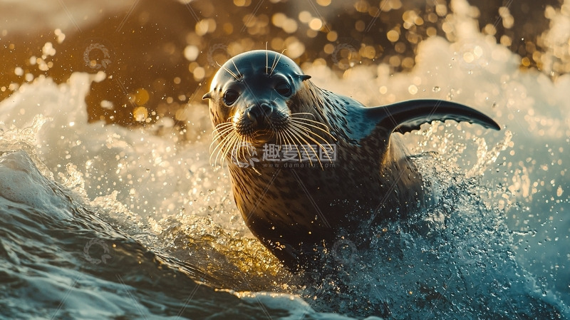 高清大图下载【趣麦麦图】海浪中奔跑的海豹