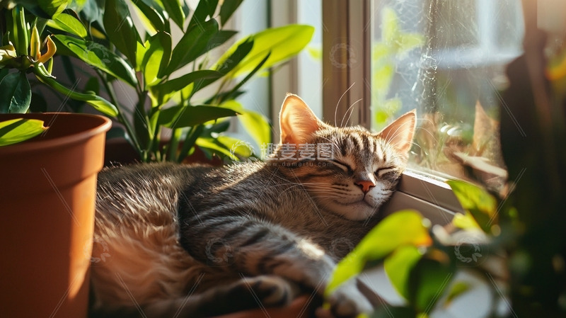 高清大图下载【趣麦麦图】阳光下窗边熟睡猫咪