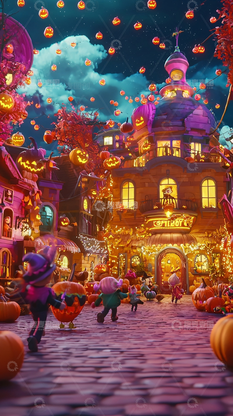 高清大图下载【趣麦麦图】万圣节卡通小镇夜景