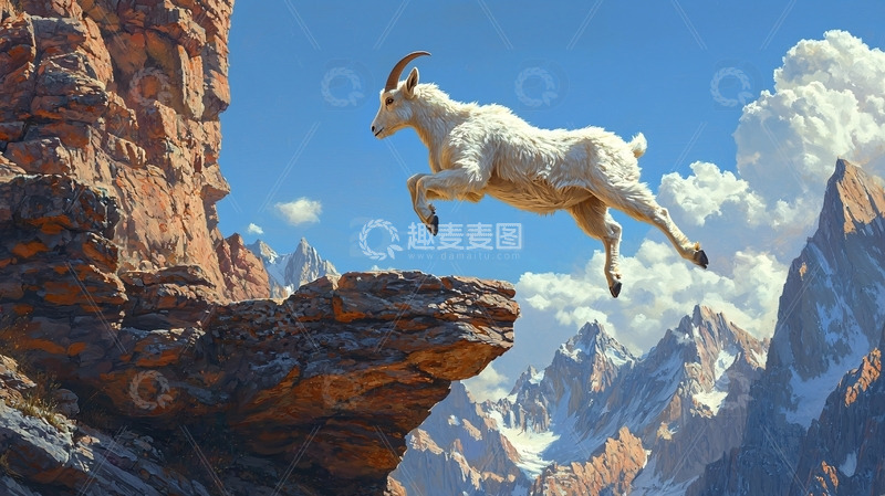 高清大图下载【趣麦麦图】山羊跳跃悬崖