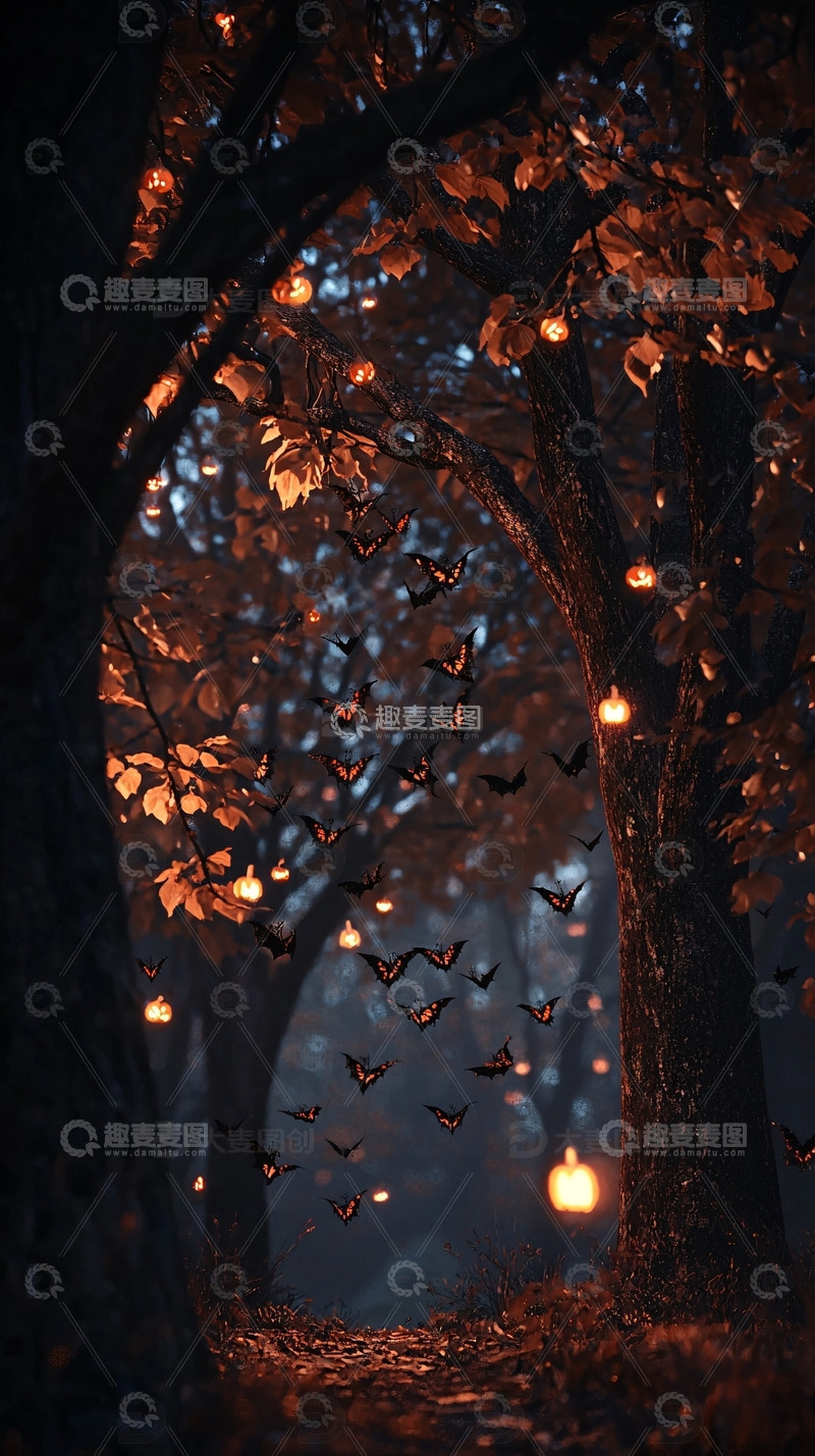 高清大图下载【趣麦麦图】夜晚森林灯火