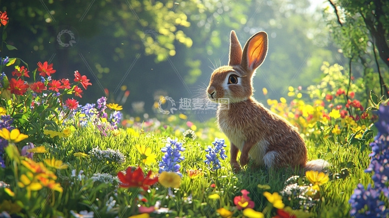 高清大图下载【趣麦麦图】阳光下花丛中的小兔子