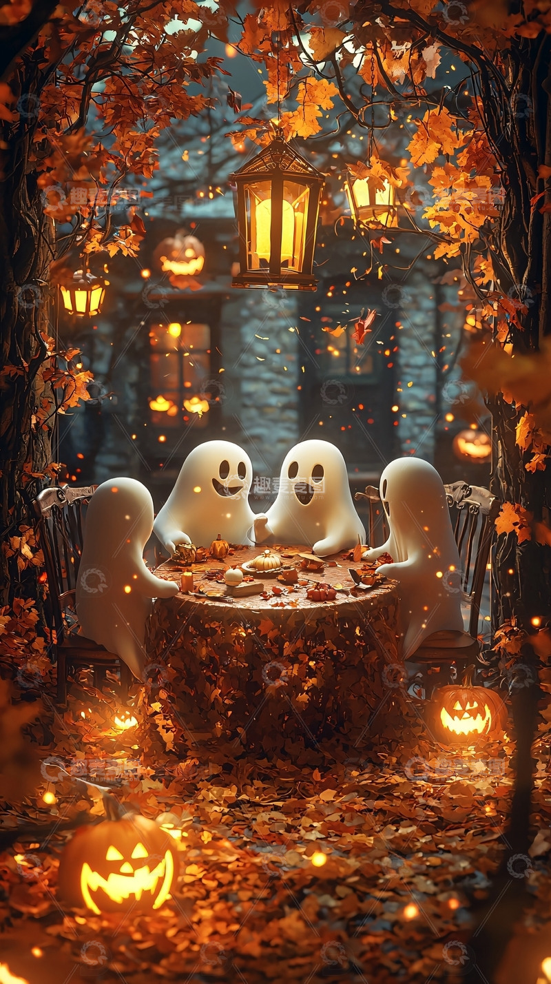 高清大图下载【趣麦麦图】秋日鬼魂围坐南瓜灯