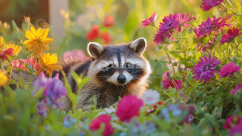 高清大图下载【趣麦麦图】浣熊在花丛中