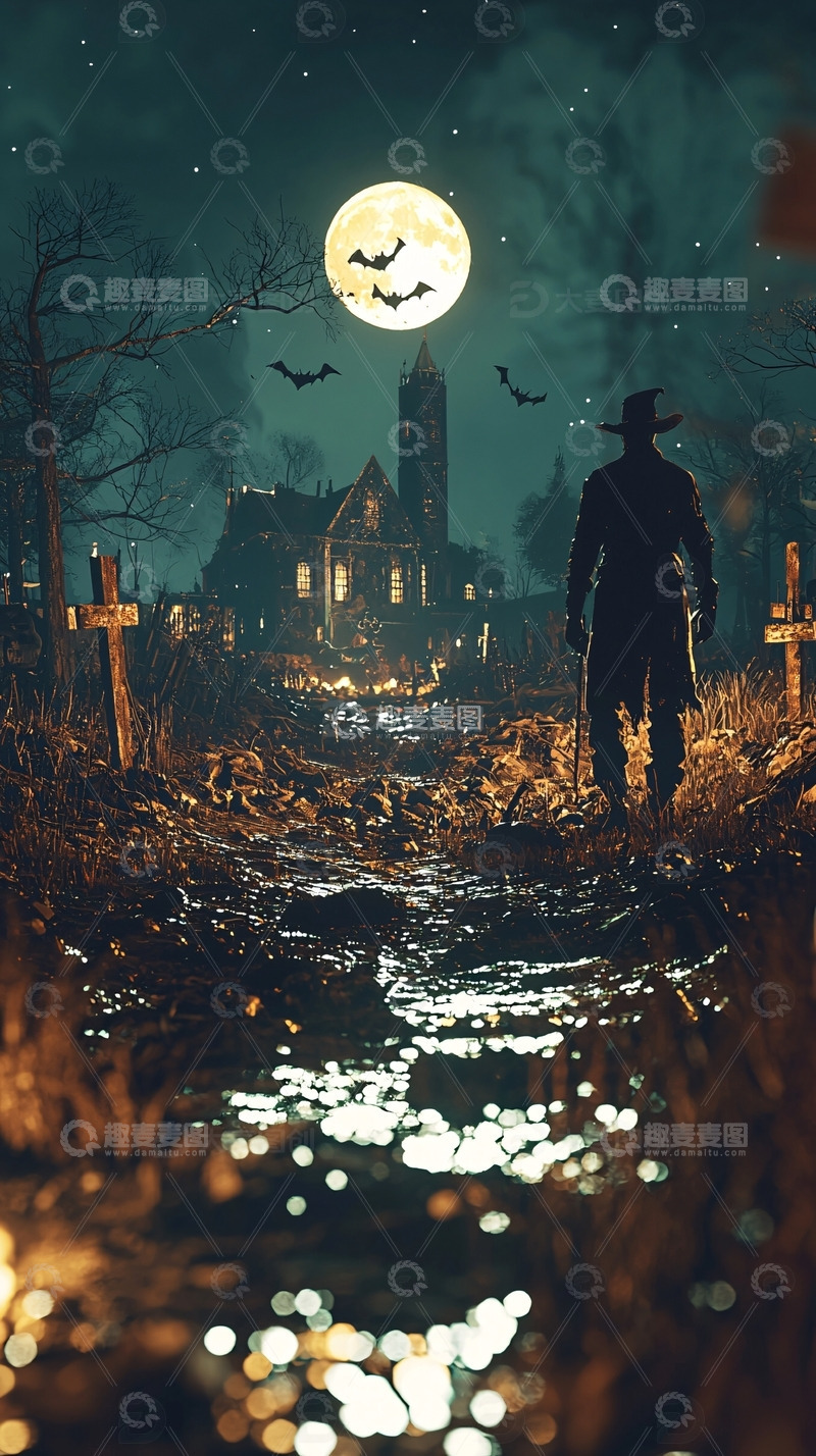 高清大图下载【趣麦麦图】夜晚墓地古堡剪影
