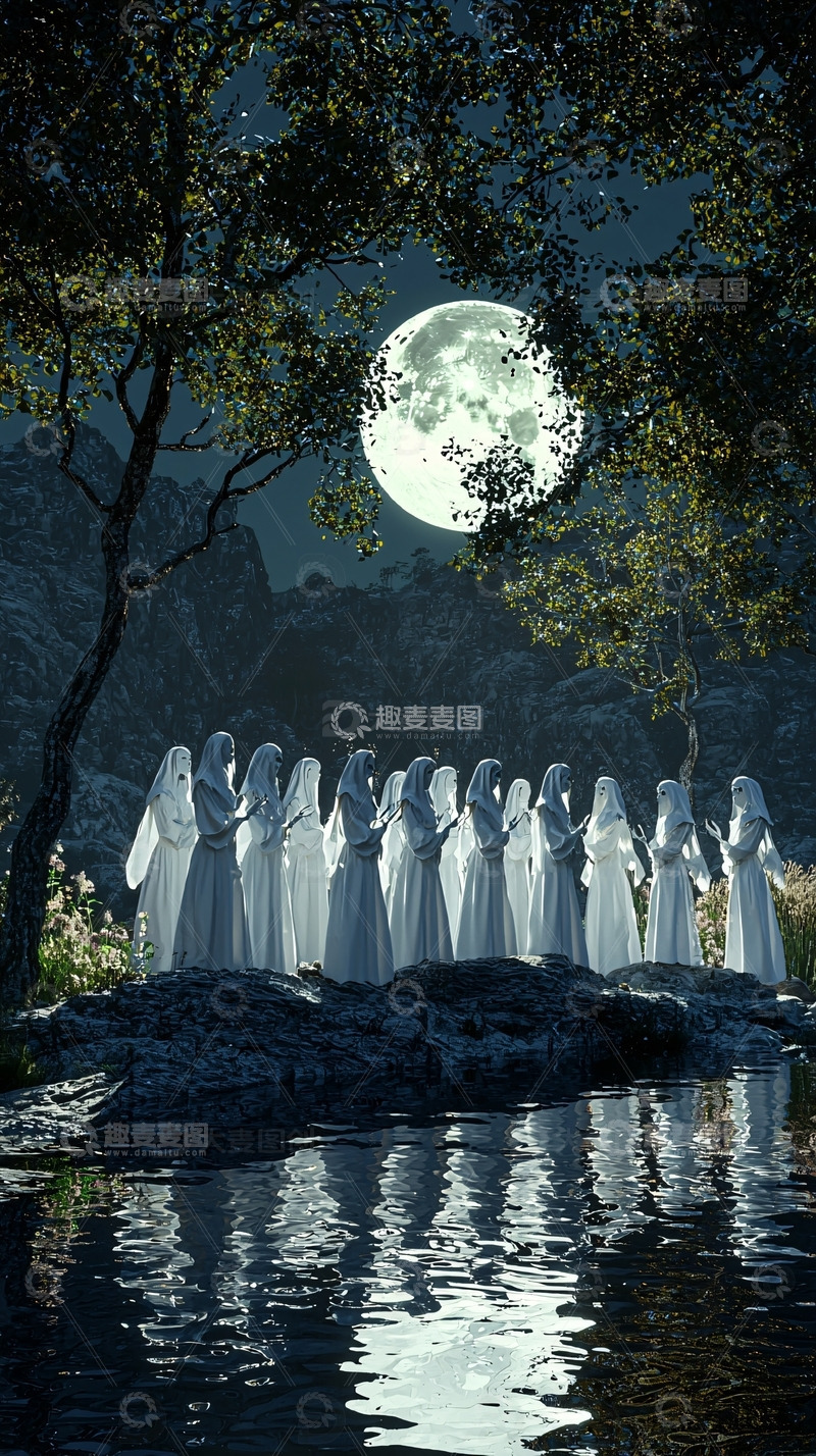 高清大图下载【趣麦麦图】月光下白衣女子