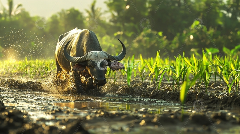 高清大图下载【趣麦麦图】水牛犁田