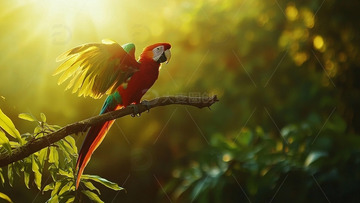 阳光下展翅的红金刚鹦鹉