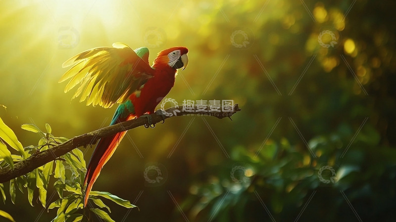 高清大图下载【趣麦麦图】阳光下展翅的红金刚鹦鹉