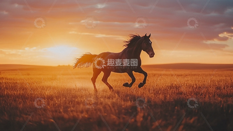 高清大图下载【趣麦麦图】日落草原奔腾的骏马