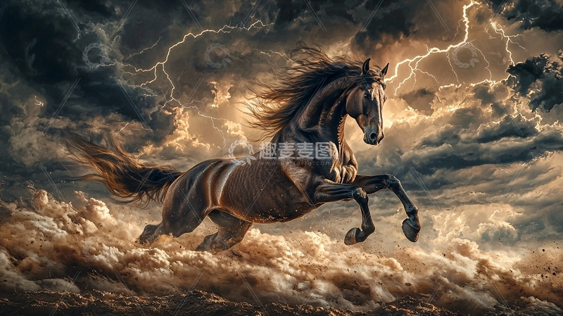 高清大图下载【趣麦麦图】黑马奔腾闪电风暴
