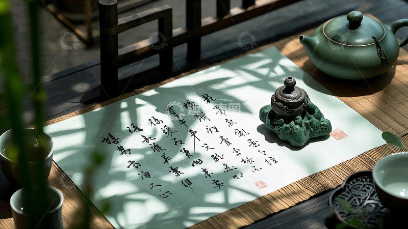 高清大图下载【趣麦麦图】竹席茶具韵律竹影