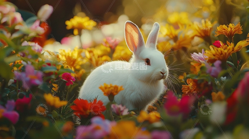 高清大图下载【趣麦麦图】小白兔在花丛中