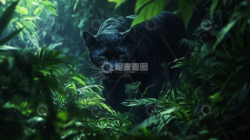 高清大图下载【趣麦麦图】黑豹在茂密丛林中潜行