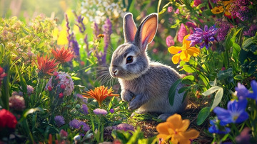 可爱兔子花丛中